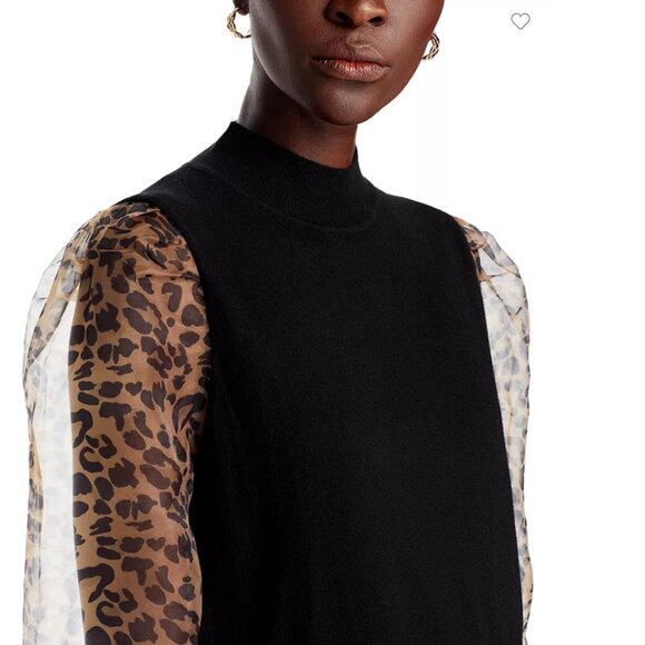 SALE! new SIONI Sheer Leopard Sleeve Black Wool Blend Mock Neck Top 252 - Picture 6 of 8